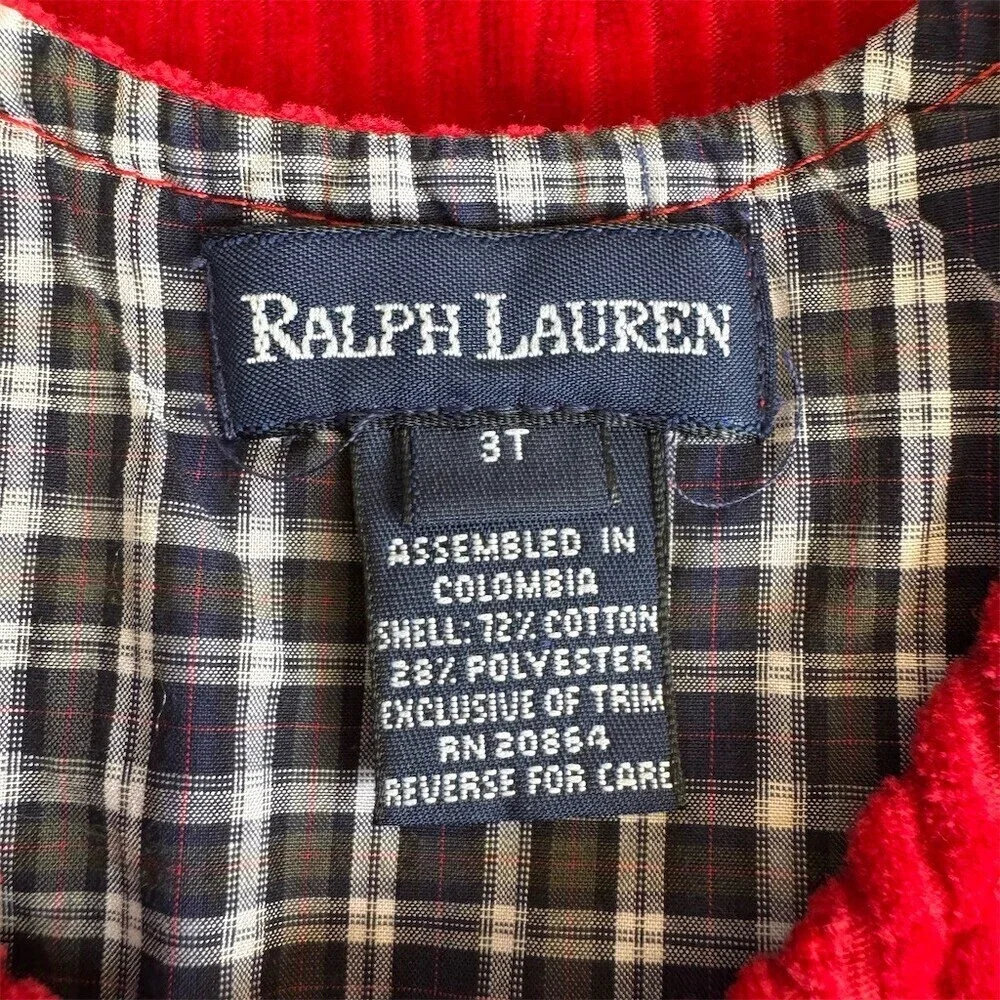 Ralph Lauren Girls Jumper Dress 3T Red Corduroy Plaid Trim Button Front